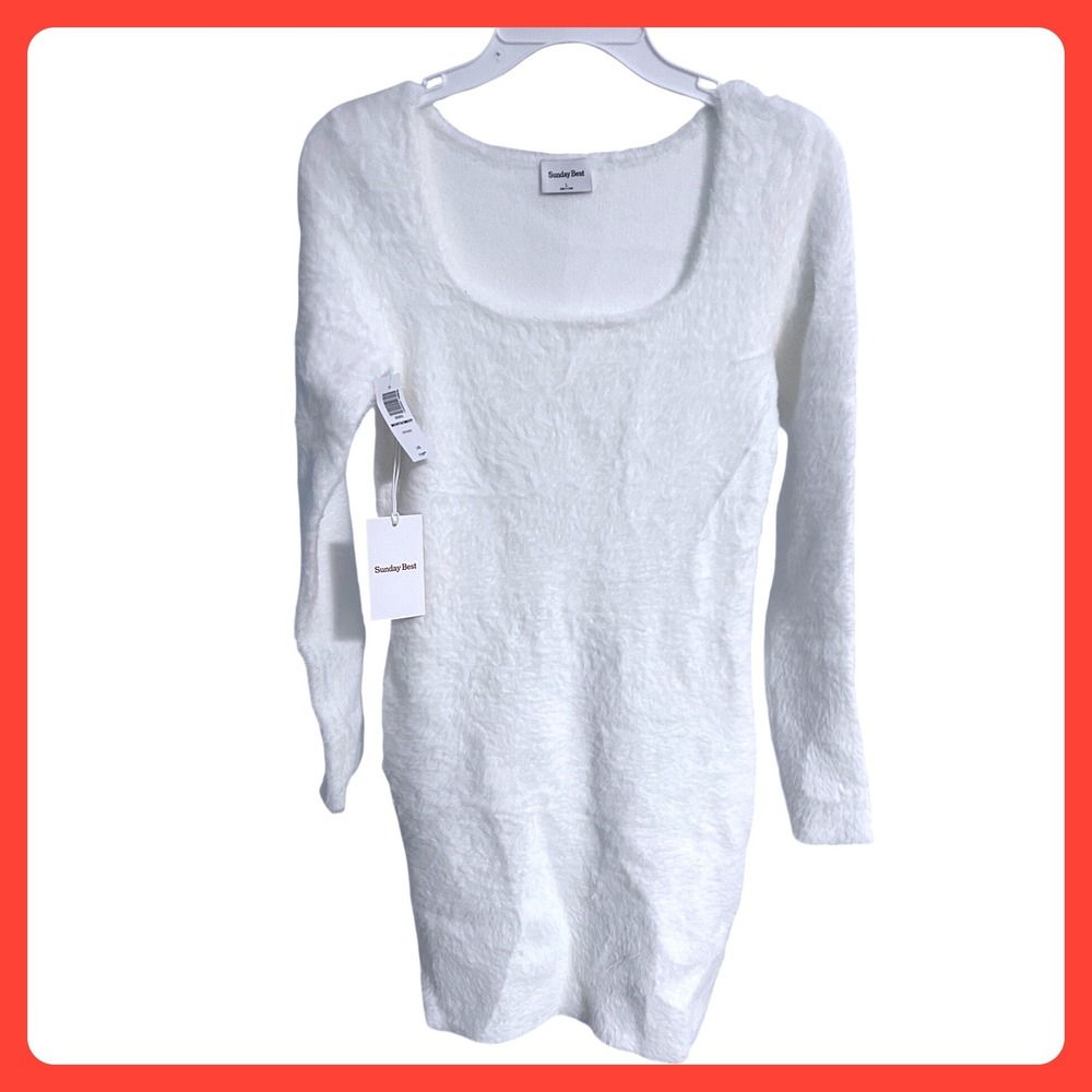 New W/Tags Sunday Best Montgomery White Fuzzy Knit Long Sleeve Mini Dress‎ Sz. L